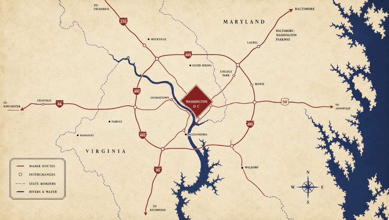 Vintage-style road map of the Washington, D.C. metro area across D.C., Maryland, and Virginia